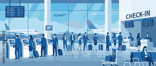 Modern airport terminal vector illustration featuring travelers at check-in counters, self-service kiosks, and luggage. Airplanes on the runway visible through large windows in blue tones.