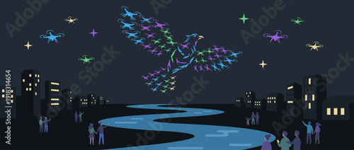 Modern drone light show vector illustration featuring a giant bird shape formed by colorful glowing drones over a city river at night with people watching the spectacular aerial performance.