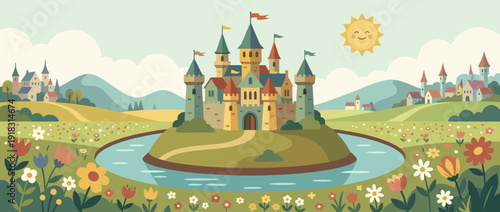 Flat Vector Illustration of a Whimsical Medieval Castle on a Green Hilltop Surrounded by a Blue Moat and Colorful Blooming Flower Fields under a Smiling Sun with Rolling Hills and Village Scene.