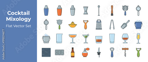 Comprehensive flat vector icon set of 30 cocktail bar mixology tools featuring shakers, jiggers, strainers, glassware, and essential barware accessories for professional and home bartenders.