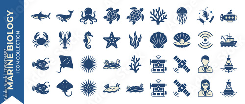 Marine Biology and Ocean Life Icon Collection with 24 Flat Design Duotone Vector Icons featuring Shark, Whale, Octopus, Sea Turtle, Coral, Jellyfish, Submarine, Crab, Lobster, Seahorse, and Starfish.