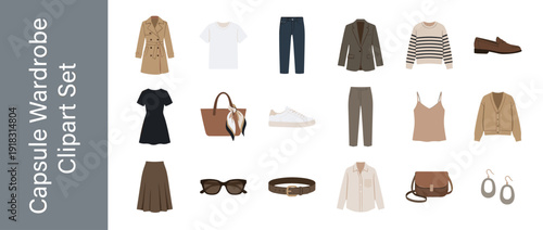 Minimalist Capsule Wardrobe Vector Icon Set Featuring Essential Fashion Items like Trench Coat, Blazer, Jeans, Dress, Shoes, and Accessories in Neutral Tones for Stylish Women's Outfit Planning.