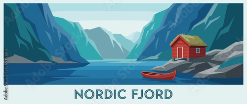 Flat Vector Illustration of a Traditional Norwegian Fjord Landscape with a Red Cabin, Grass Roof, and Small Boat on the Water, Scenic Nordic Travel Poster Style with Blue Mountains and Cliffs.
