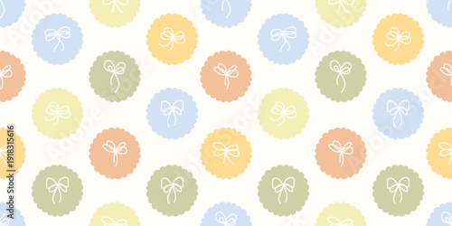 Playful doodle bow seals repeat pattern. Cute girly wallpaper. Decorative bows stickers style seamless texture. Hand drawn scalloped ribbon emblems background for scrapbook, wallpaper, wrapping