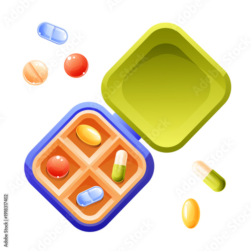 A small pill and medication box with four compartments for sorting pills and a green lid. A plastic pill dispenser organizer, top view.
