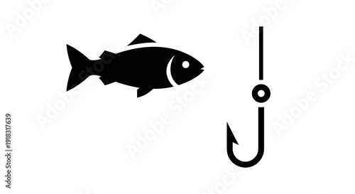 Fish caught on fishing hook icon.