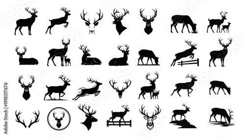 Black Silhouette Deer Icon Set | 28 Vector Icons
