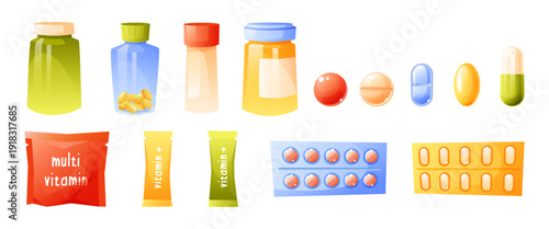 A large vector set of medications, medicine bottles, tablets of various shapes and colors, tablets in a palette, and multivitamin packets. Medical drugs, vitamins, dietary supplements, and tablet.