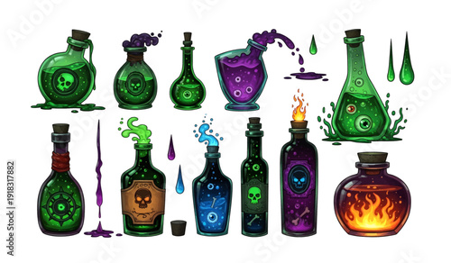 Assorted Fantasy Potion Bottles with Labels.