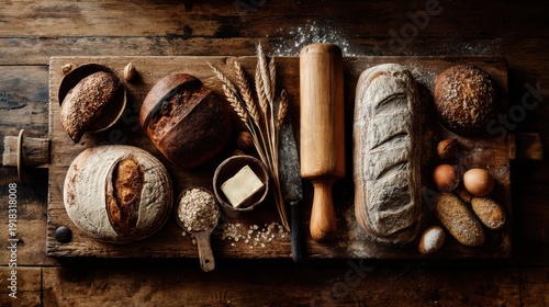 Top View of Artisan Breads and Baking Ingredients on Rustic Wooden Table Surrounded by various Elements of Traditional Baking Process