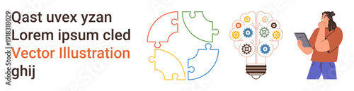 Problem solving, creativity, teamwork, innovation, brainstorming, digital tools. A puzzle brain, gear lightbulb and person holding a tablet. Problem solving and creativity concepts