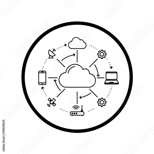 Cloud computing network and digital infrastructure icon with cloud server connecting devices and satellites