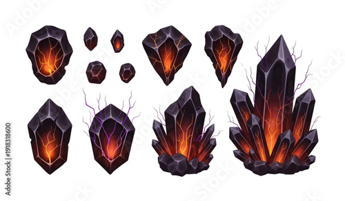 Glowing Dark Crystals Set Fantasy Illustration.