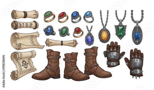 Medieval Fantasy Accessories and Treasures Displayed.