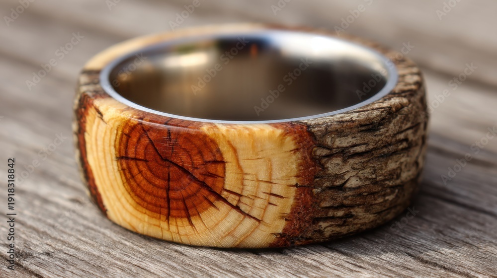 Obraz premium Beautiful wooden ring with natural wood texture, crafted from rustic materials, showcasing detailed grain and elegant design on wooden table background