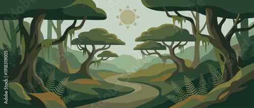 Flat Vector Illustration of a Peaceful Ancient Forest Trail with Moss Covered Trees and Ferns Under a Stylized Sun, Serene Nature Landscape with Woodland Path and Lush Green Foliage Environment.