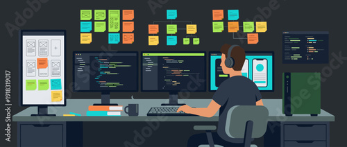 Modern app developer workspace flat vector illustration featuring a programmer working at a desk with multiple monitors showing code, sticky notes for project planning, and UI/UX design tools.