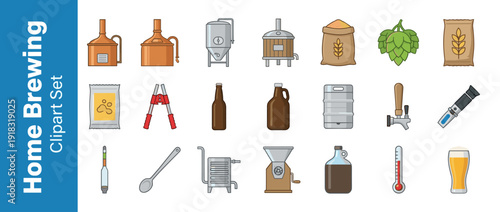 Home Brewing and Craft Beer Vector Icon Set featuring 21 Illustrations of Brewery Equipment, Ingredients like Hops and Malt, Fermentation Tanks, Bottles, Kegs, and Professional Brewing Tools.