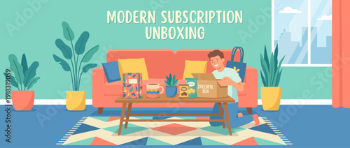 Modern subscription unboxing flat vector illustration featuring a happy man opening a curated gift box in a stylish living room with indoor plants, sofa, coffee table, snacks, and city view.