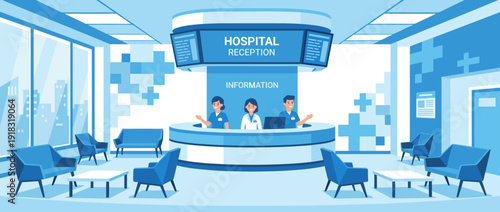 Modern Hospital Reception Area Vector Illustration with Friendly Medical Staff at Information Desk, Comfortable Waiting Room Seating, and Clean Professional Healthcare Clinic Interior Design.