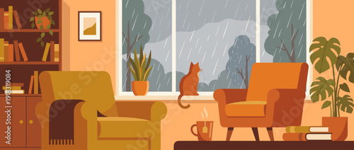 Cozy rainy day interior vector illustration with a cat on the windowsill, comfortable armchairs, bookshelf, and hot tea. Warm home atmosphere with indoor plants and rain falling outside the window.