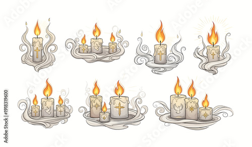 Candle Collection with Flames and Wax.