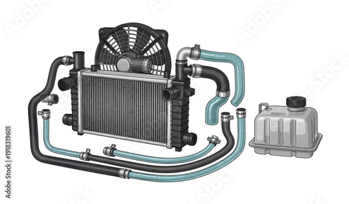 Car Radiator with Fan and Coolant System.