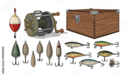 Fishing Gear and Lures Collection Display.