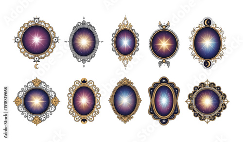 Collection of ornate gemstone jewels and pendants.