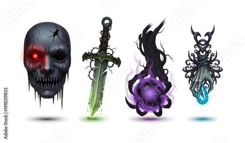 Fantasy Objects Including Skull and Sword.