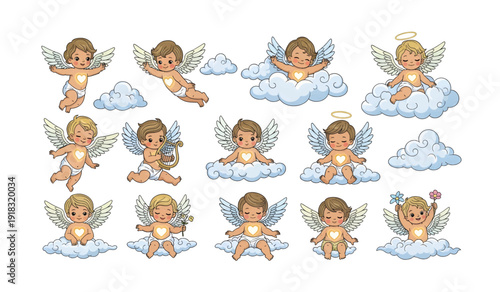 Collection of Cartoon Angels on Clouds.