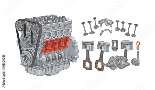 Car Engine Parts Disassembled on White.
