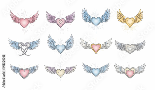 Heart Shaped Wings Illustrations in Various Colors.