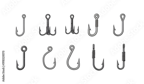 Collection of Various Fishing Hooks Isolated.