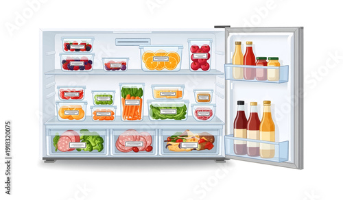 Open Refrigerator with Various Food Items Inside.
