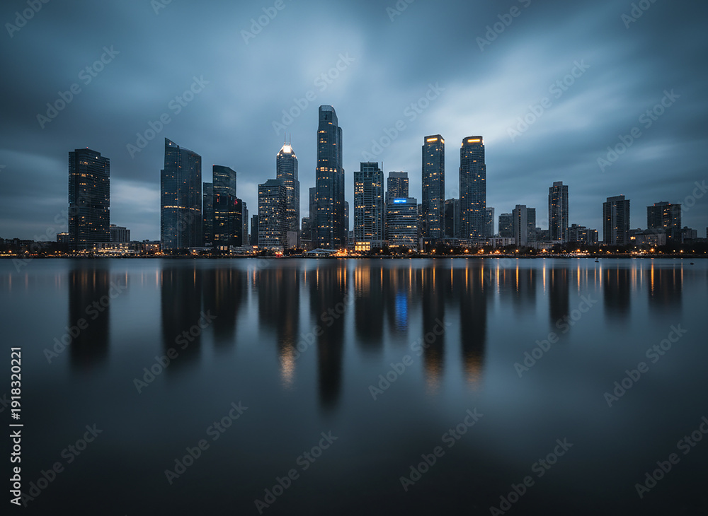 Obraz premium Serene Skyline Reflection at Dusk: Modern Cityscape Over Calm Water