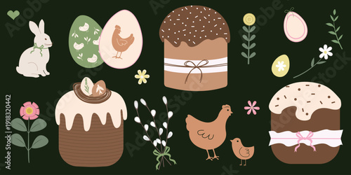 Easter Vector Collection with Sweet Bread, Nest with Eggs, Chickens, Easter Bunny and Willow Branch on Dark Background. Traditional Christian baking illustration.