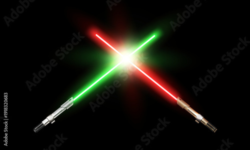 New realistic design green and red crossed light swords isolated on black background. Vector illustration