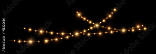 Realistic lamp Christmas lights isolated ob black. Glowing yellow led neon lights and lamps for Xmas and New year cards, banners, posters etc. Garlands design elements and decorations. Vector illustra