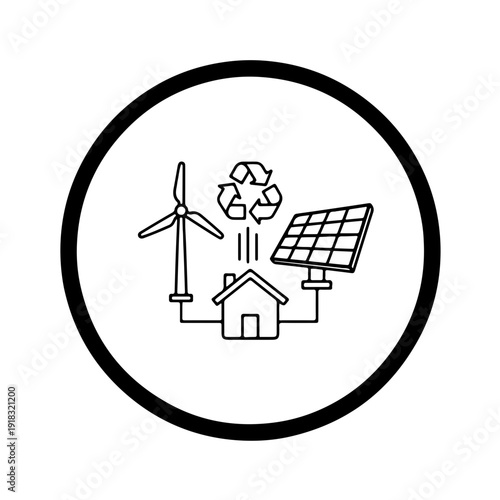Sustainable home icon with solar panels, wind turbine and recycling symbol representing eco-friendly residential energy and waste management