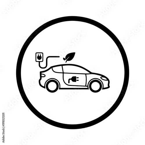 Electric car charging at station icon with leaf symbol representing eco-friendly transport and green mobility