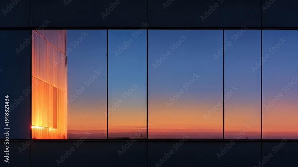 Fototapeta premium Sunset Reflection Seen on a Hotel Window Showing Vivid Colors Against a Clear Blue Sky in the Evening Time