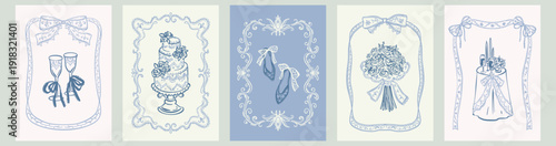 Set of hand drawn whimsical coquette sketch wedding invitation, card, poster with wedding cake, marriage rings, bridal flower bouquet, champagne glasses. Baroque rococo lace embroidery filigree frames