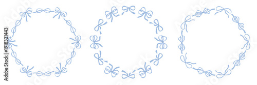 Set of circle frames with blue bows. Design elements for greeting card, invitation, poster, banner, gift certificate.