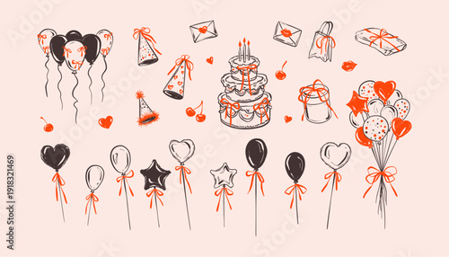 Doodle happy birthday cake with candles and whimsical coquette bows. Antique victorian style filigree feminine girly crayon drawing. Flying balloon. Birthday gift box with red ribbon hand drawn sketch