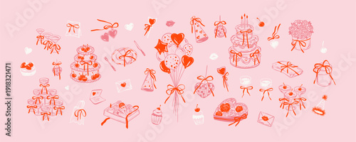 Set of doodle Valentines Day, wedding, bachelorette party, girly birthday whimsical coquette design elements. Champagne bottle, cocktail tower, flying balloons bunch, cherry cake, martini glasses