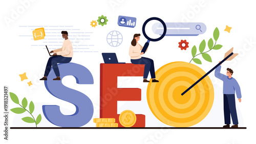 Modern SEO concept showing people analyzing data, targeting keywords, optimizing search results, and digital marketing growth, isolated on white background vector illustration