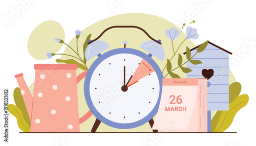 Spring forward 2024, daylight saving time begins vector illustration. Cartoon alarm clock and spring garden flowers, beehive and watering can, vintage reminder calendar to change clock ahead hour