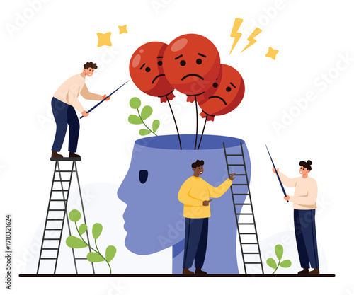 People helping remove sad balloons from a head symbolizing stress relief, mental health support, overcoming negativity, and therapy process for emotional wellbeing vector illustration