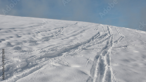 Fresh ski tracks on untouched snow in Swiss Alps